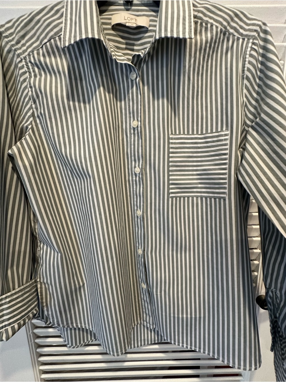LOFT Women’s Green and White Striped Button-Down Shirt